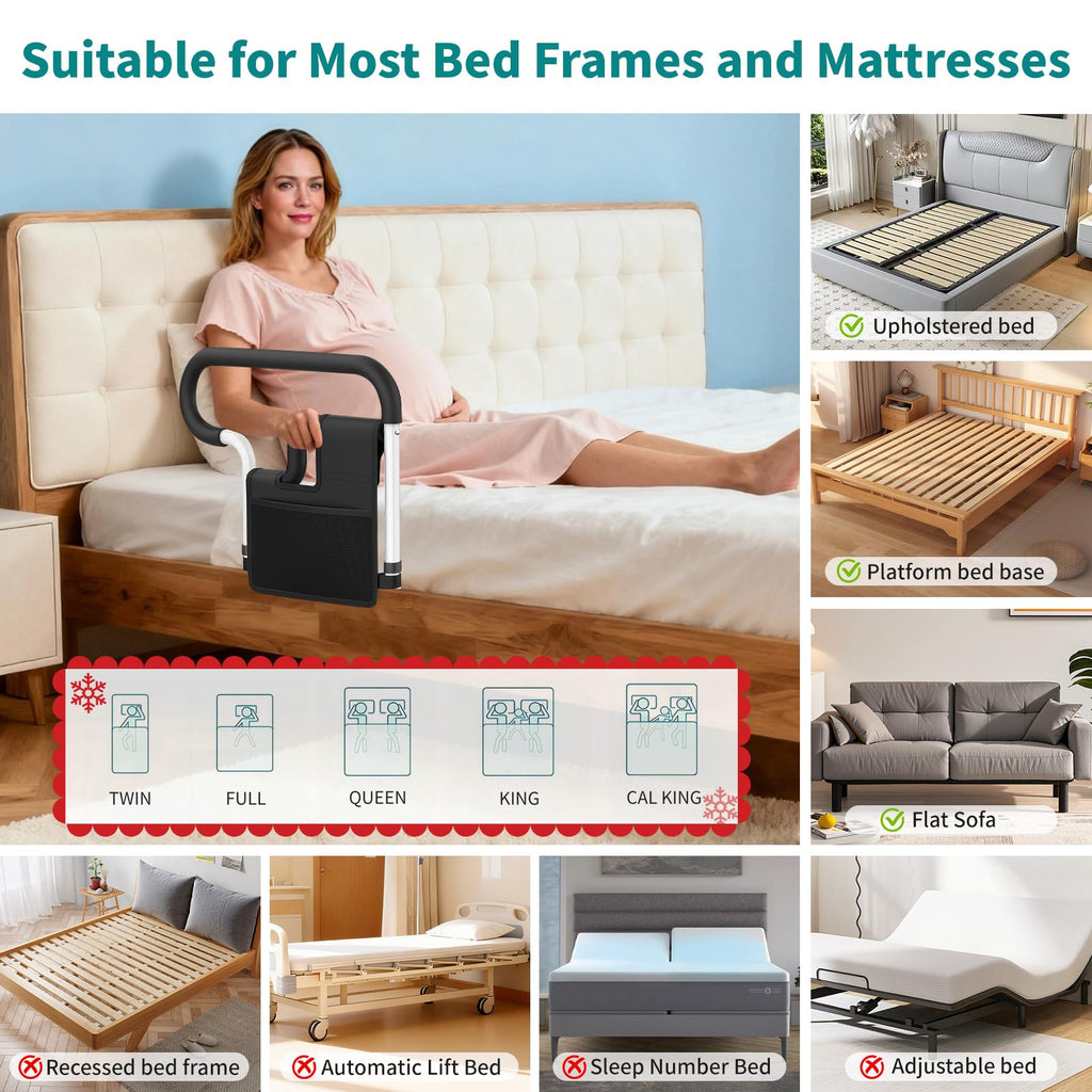 Bed Rails for Elderly Adults Safety, Height and Length Adjustable Bed Assist Rail for Senior, Bedrail with 2 Bag & Strap, Help Get in & Out of Bed, Fit Most Bed, Supports 300 lbs, Tool-Free