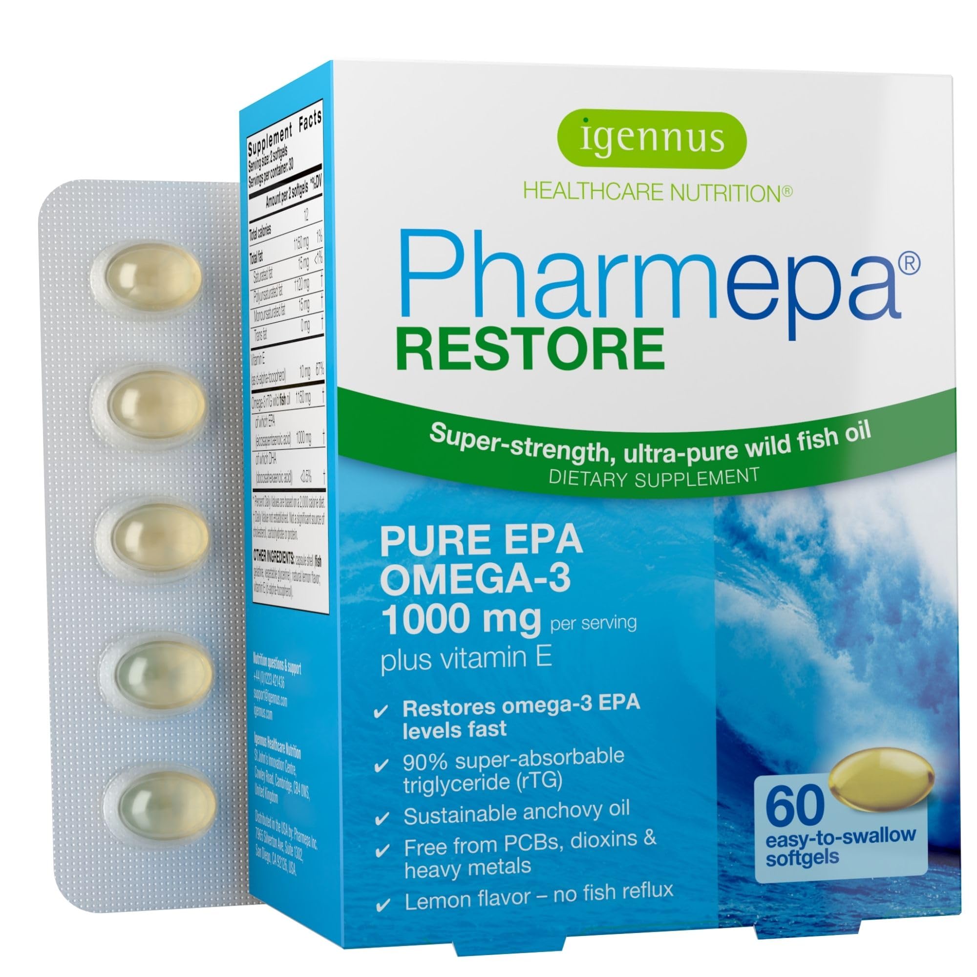 Igennus Pharmepa Restore, Pure EPA 1000mg, Omega 3 rTG Fish Oil, IFOS Certified, High Absorption, 90% Concentration Triple Strength, Wild & Sustainable, Lemon Flavor, 1-Month Supply, 60 Softgels