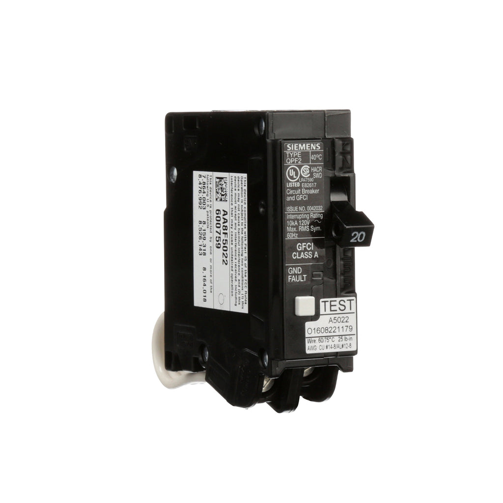 SIEMENS QF120A Gfci Circuit Breaker, Plug In, Self Testing, 20 Amp, 1-Pole, 120 Volt