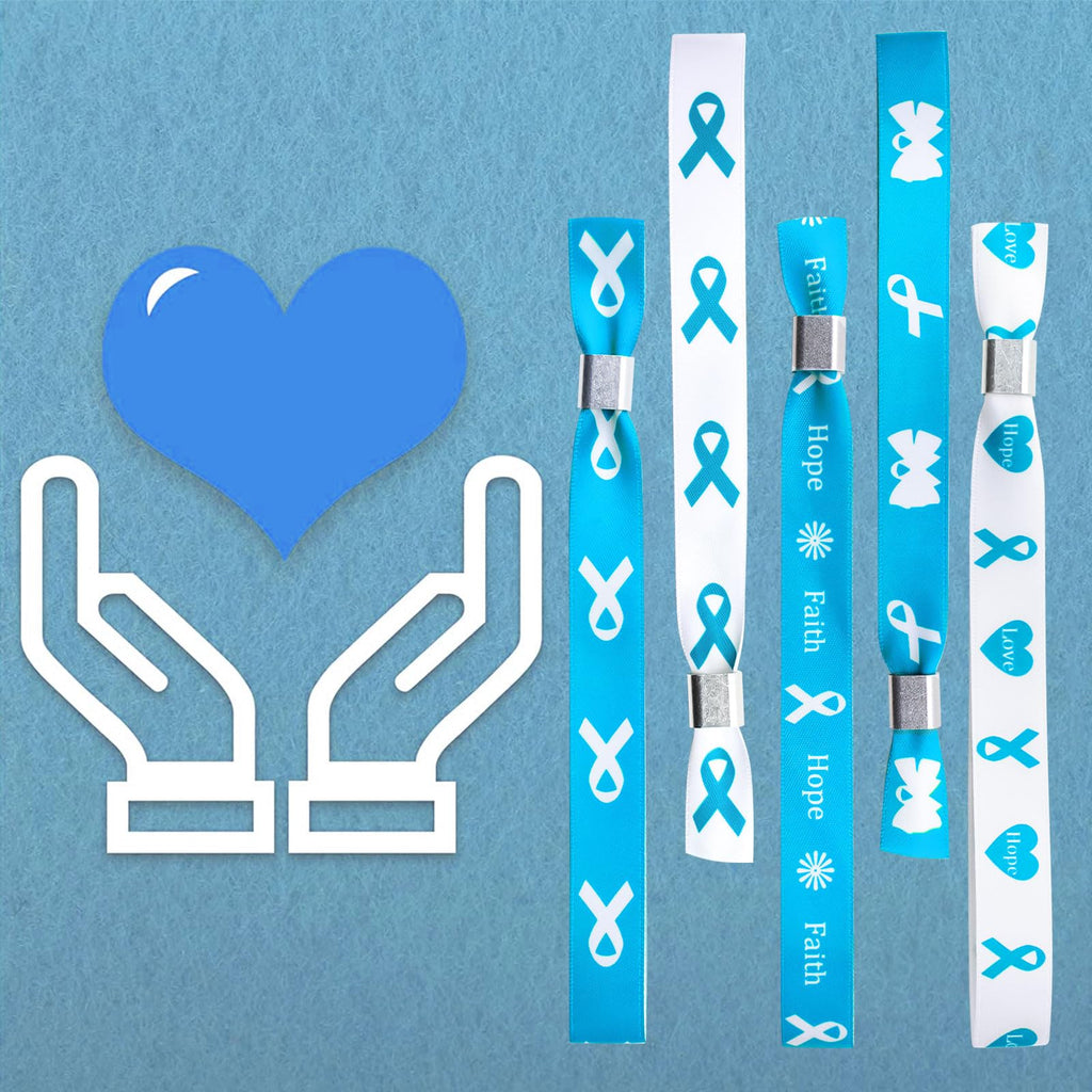 WANDIC 30 Pcs Light Blue Ribbon Bracelets, 5 Style Polyester Single Side Adjustable Prostate Cancer Awareness Support Wristband for Event Fundraising, 6.89 * 0.59 * 0.07, no Gemstone