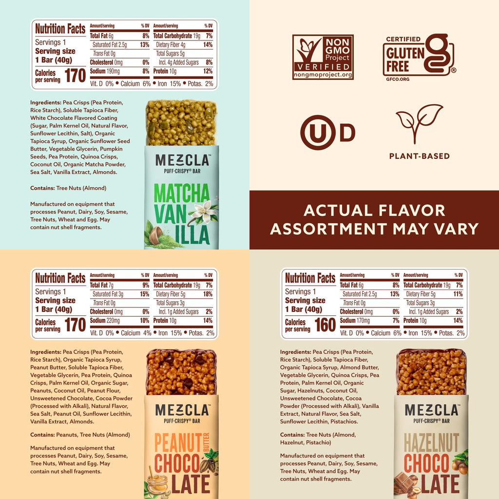 Mezcla Puff-Crispy Plant Based Protein Bars - Variety Pack - Healthy Snacks for Adults & Kids - Granola Bars for School, Travel, & Office Snacks - Gluten Free, Vegan, Non GMO, 10g Protein - 16 Count