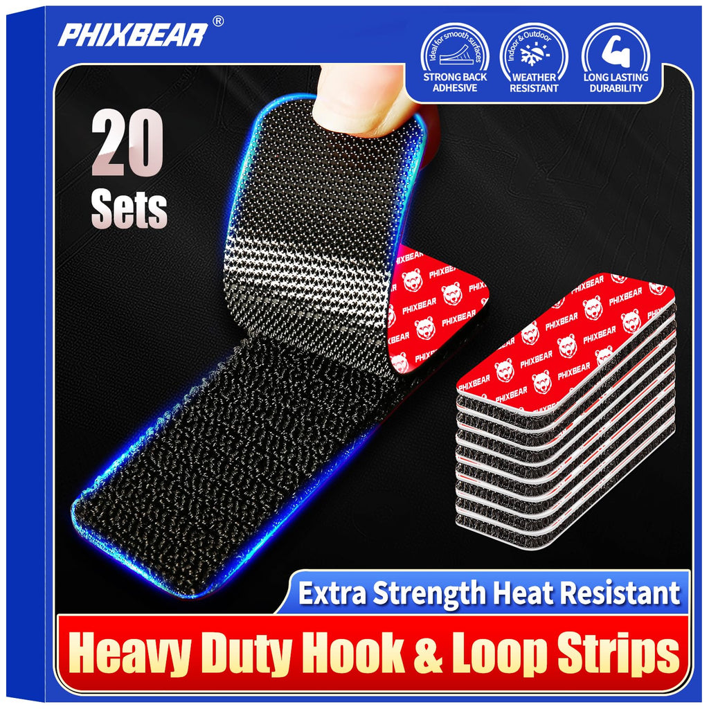PHIXBEAR 20 Sets Super Adhesive Hook and Loop Strips Heavy Duty, Heat Resistant Waterproof, Outdoor or Indoor Use, Black 1.2x3.2 Inch