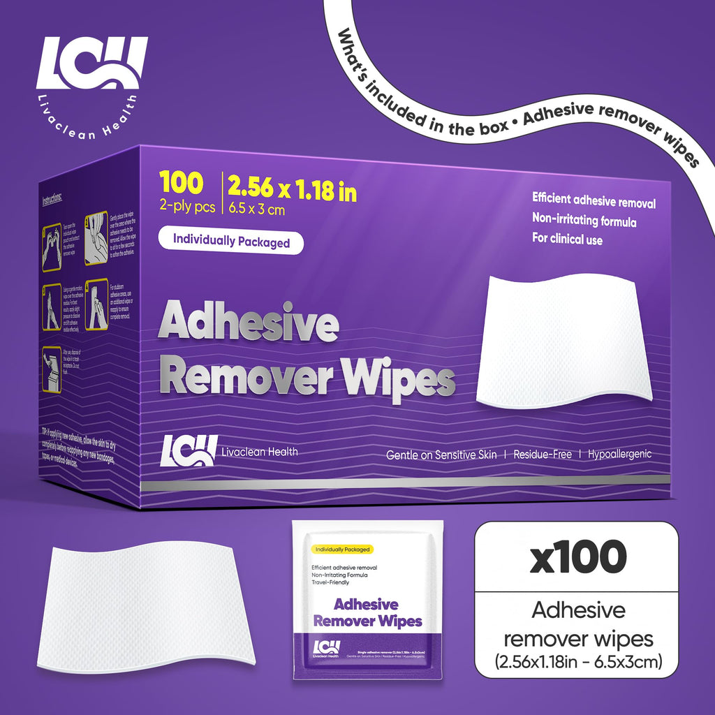 100 CT Adhesive Remover Wipes – Strong & Effective Skin Adhesive Remover – 2 Ply 2.56x1.18in (6.5x3cm) – Medical Adhesive Remover for Bandage, Tape, Dressings, and Ostomy Residue - By Livaclean Health