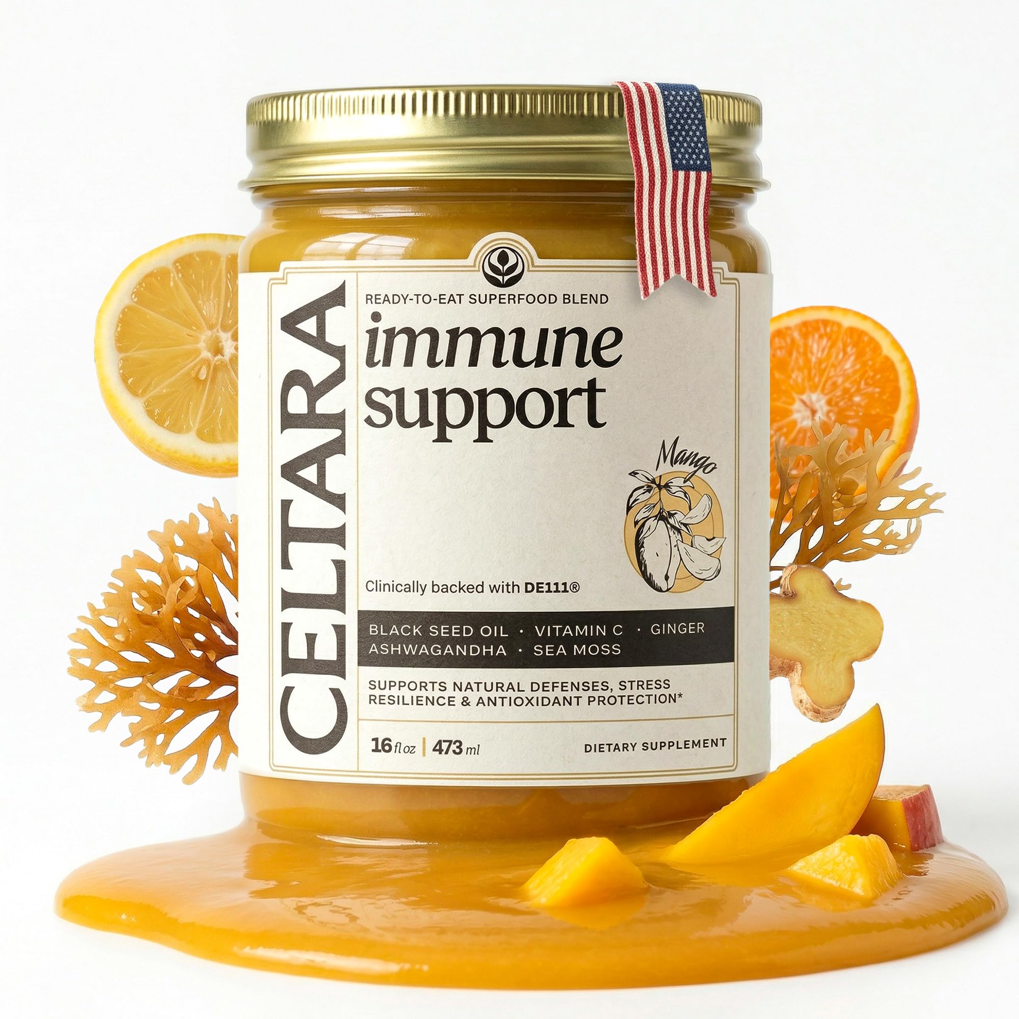 CELTARA Sea Moss Gel Mango Daily Blend, 15 Servings — 2 Tbsp Per Serving, Sea Moss 5.55g, Vitamin C, Magnesium, Potassium + Ashwagandha, Black Seed Oil, Ginger, Monk Fruit Sweetened, No Added Sugar