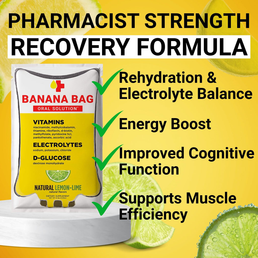 Banana Bag Oral Solution Packets ��� Natural Lemon Lime 5pk | A Refreshing Blend of Electrolytes, Vitamin C, and B-Complex for Daily Hydration and Energy | Perfect for Any Lifestyle.