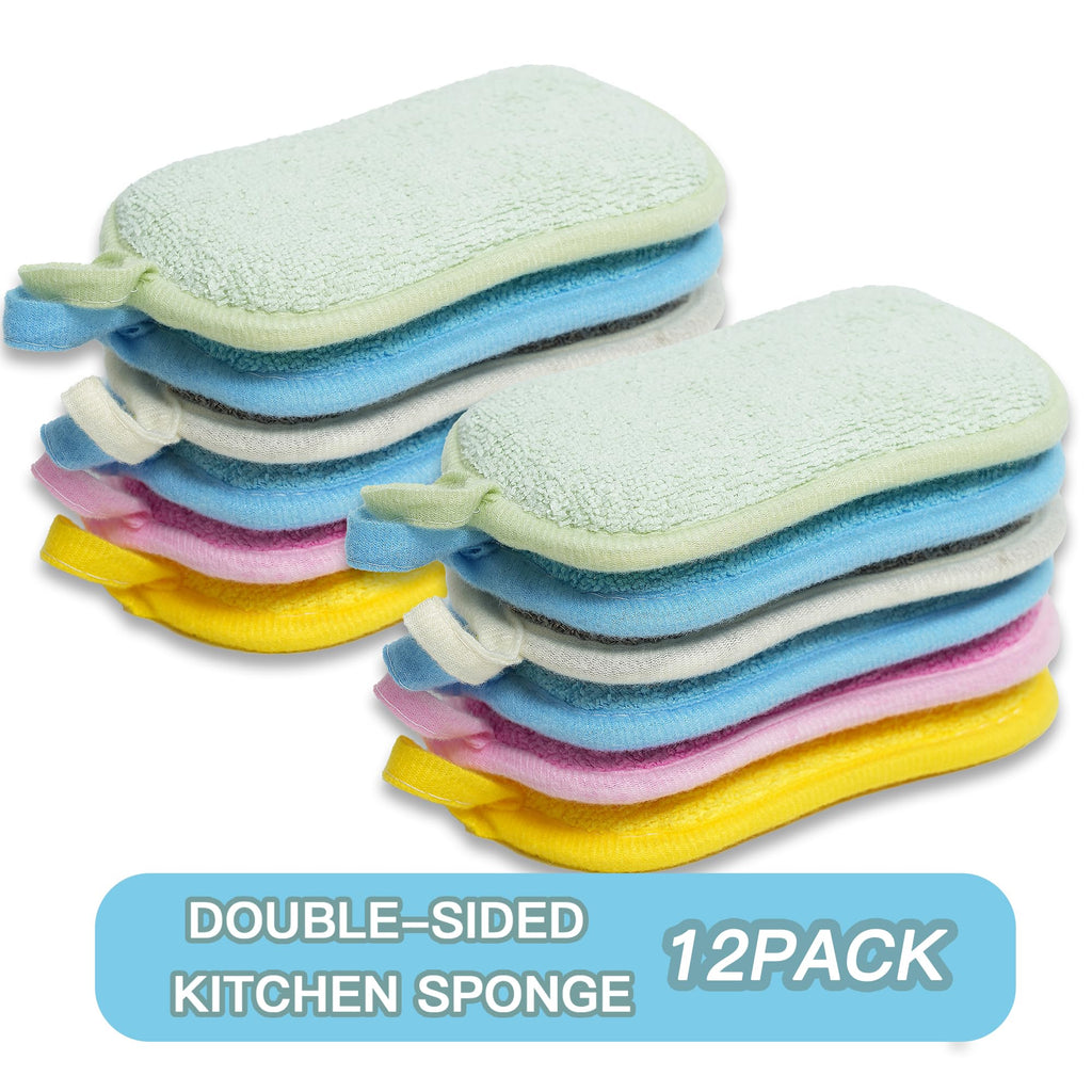 Dish Sponge Kitchen Sponges,Scrub Sponges,Double Sided Cleaning,Non Scratch,Ultra fine Fiber Wiping+Stainless Steel Wire to Remove Stubborn Stains,Durable Thickening (Large 12-Pack)