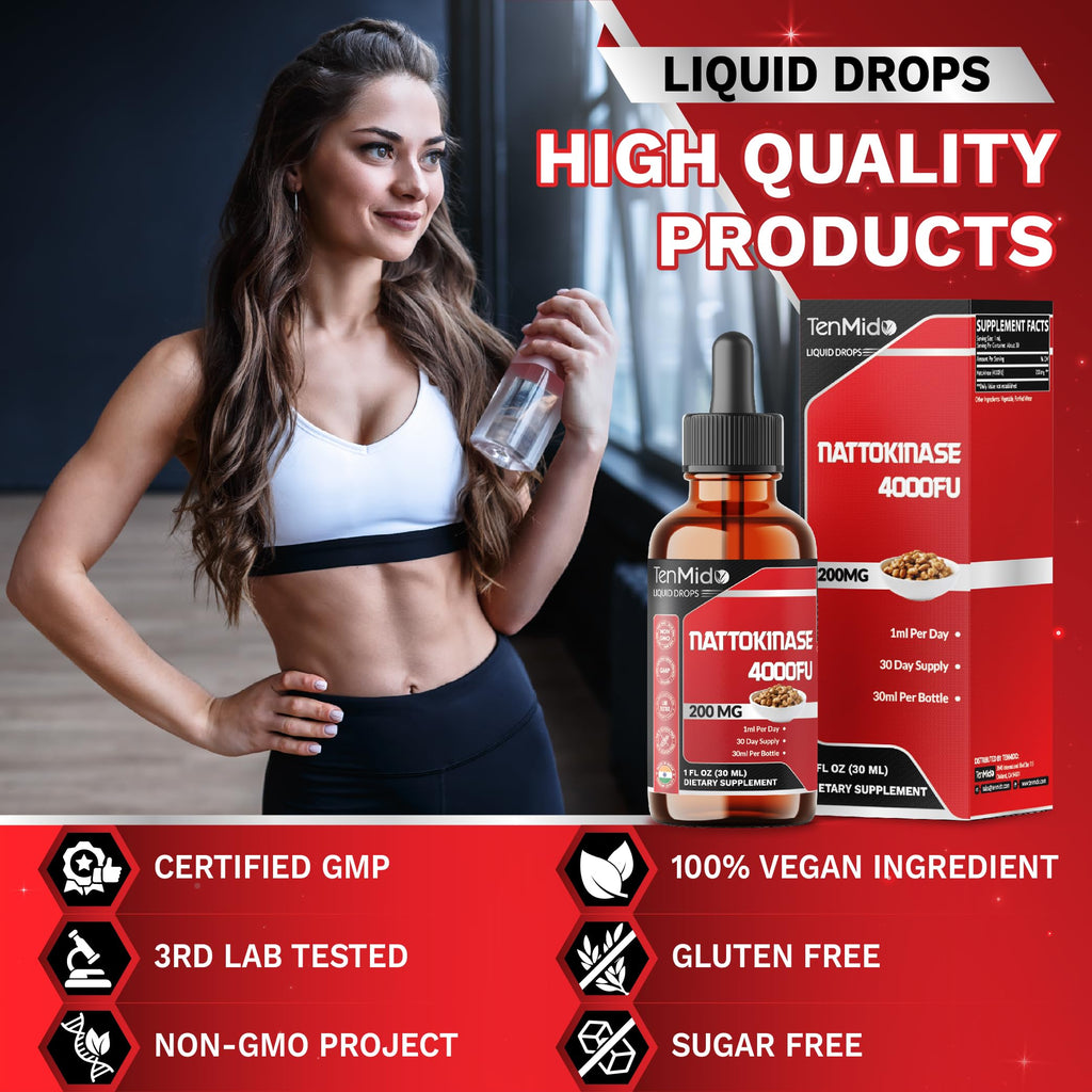 Tenmido Nattokinase Supplement Liquid Drops | Nattokinase 4000 FU | High Absorption | Alcohol-Free | Vegan, Non-GMO | 30ml 1Fl Oz