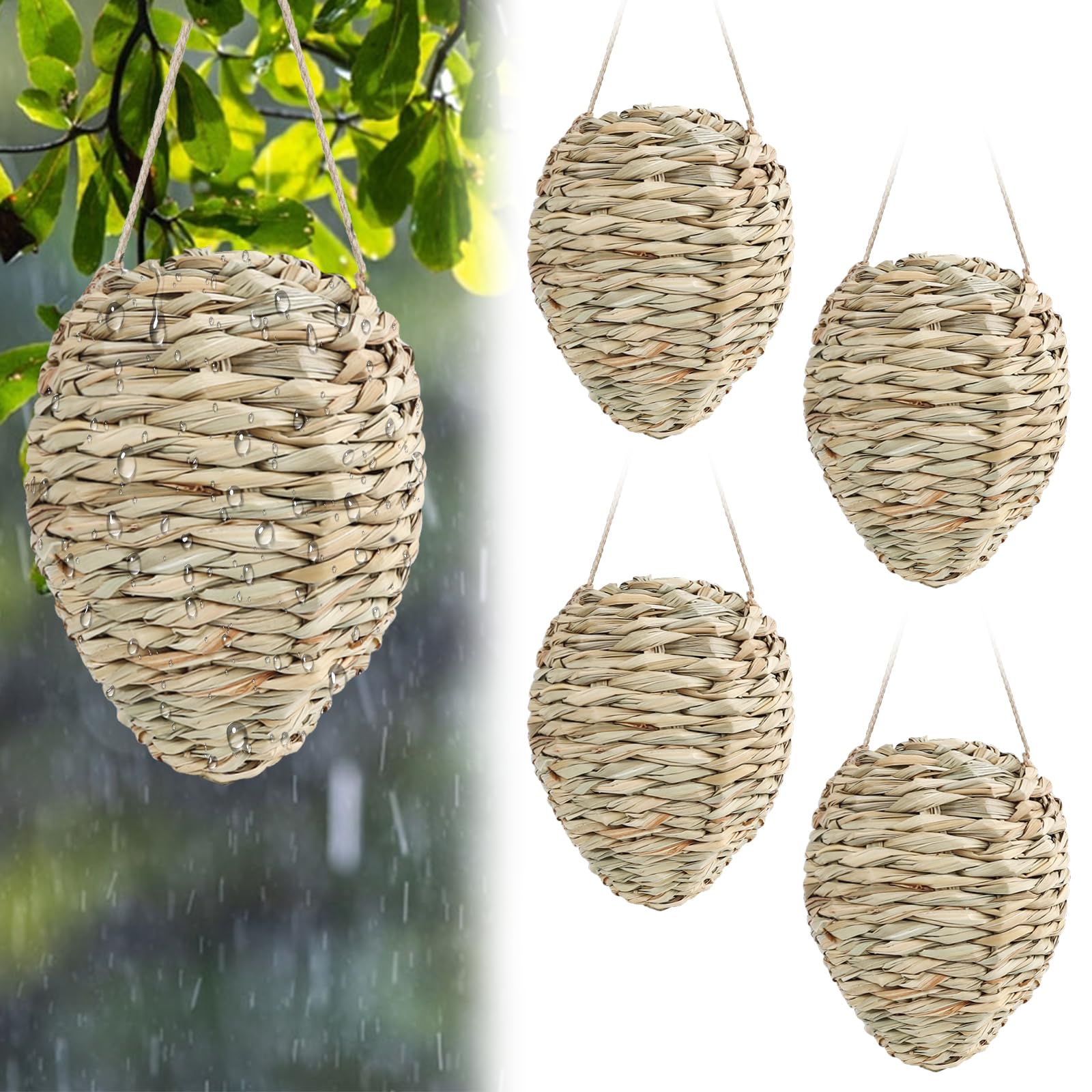 4 Pack Wasp Nest Decoy, Woven Reed Fake Wasp Nest for Outdoor Decor
