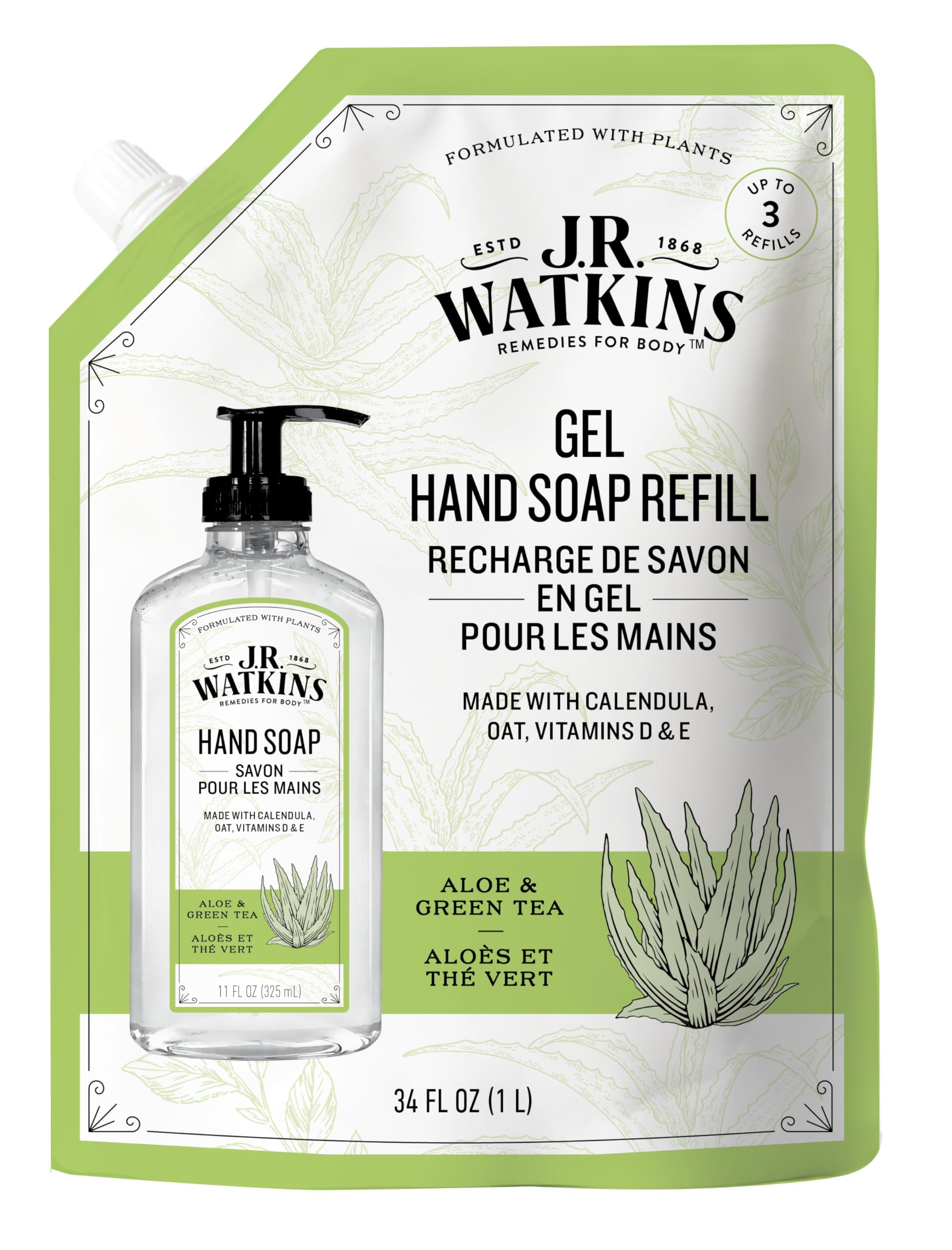 J.R. Watkins Hand Soap Refill, Aloe and Green Tea 34 fl Ounce