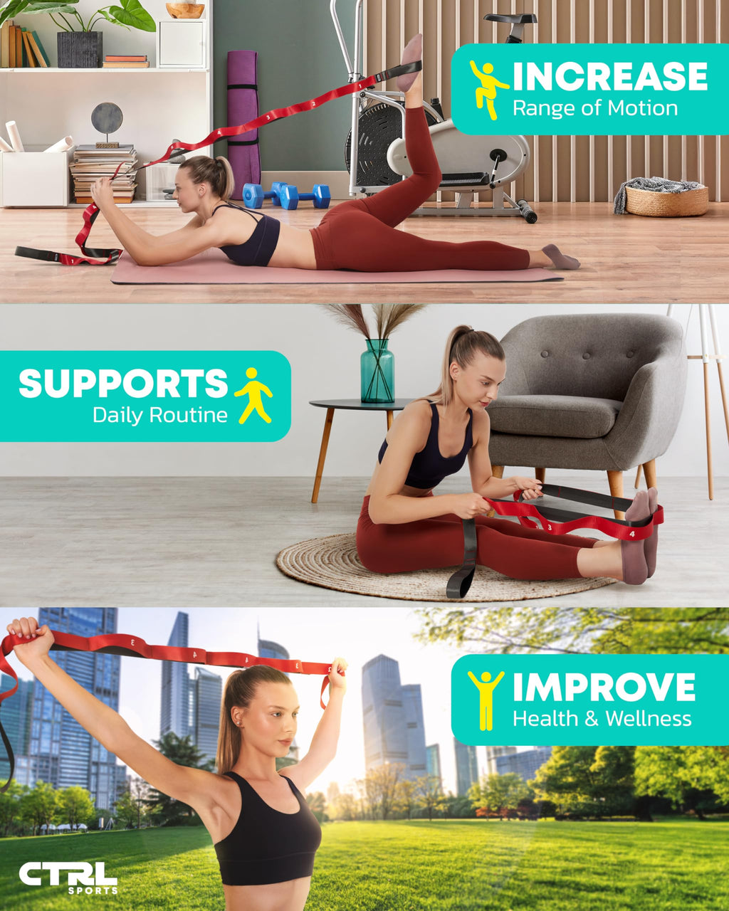 Stretching Strap with Loops - Non Elastic Stretch Band for Physical Therapy, Yoga Strap for Stretching Equipment, Stretch Bands for Exercise and Flexibility - Fascia, Hamstring and Leg Stretcher Belt