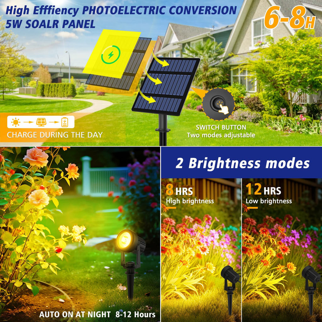 T-SUNUS Solar Spot Lights Christmas 6-in-1 Outdoor Warm White 3000K Landscape Spotlight IP65 Waterproof Separated Panel Spotlights with 9.8ft Cable Auto On/Off for Tree Lawn Driveway Pathway Halloween