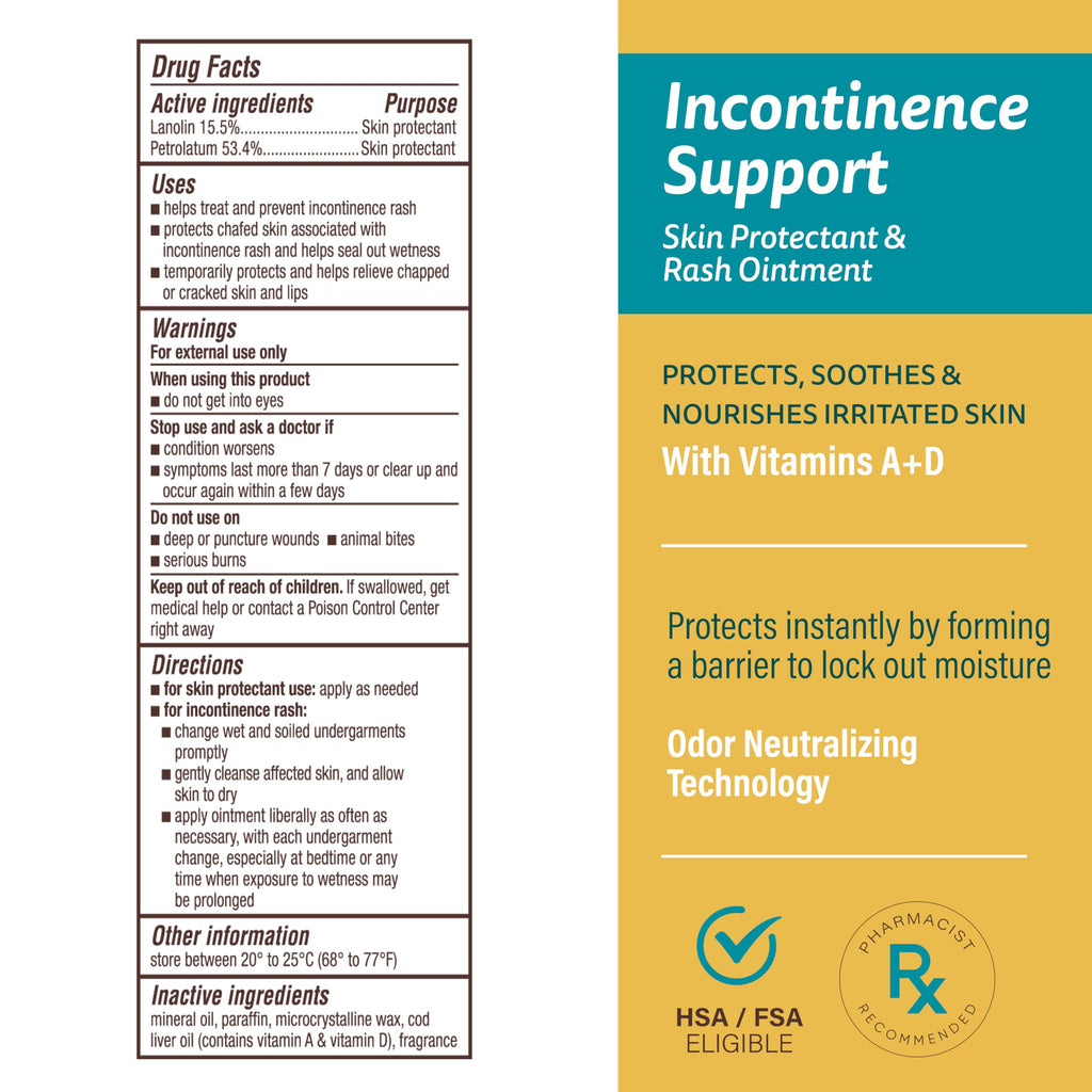 A+D Incontinence Support Skin Protectant & Rash Ointment – Treats & Prevents Incontinence Rash, Soothes Chafed Skin, Odor Neutralizing Technology - 16 oz