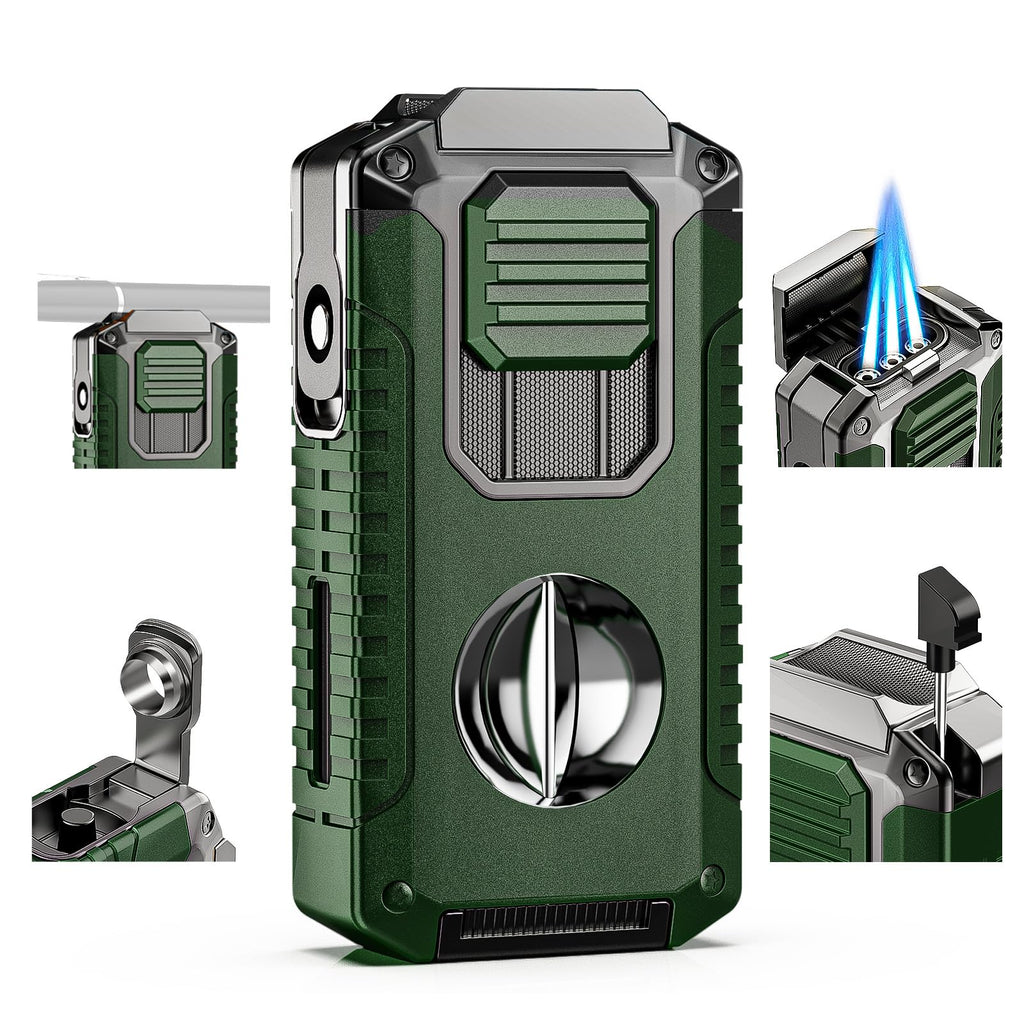 5-in-1 Torch Lighter with V-Shape Shear, Punch, Holder, and Draw Enhancer, Triple Windproof Flame, All-in-one Lighter with Multi-Functional Accessory, Refillable Butane Lighter with Gift Box for Men
