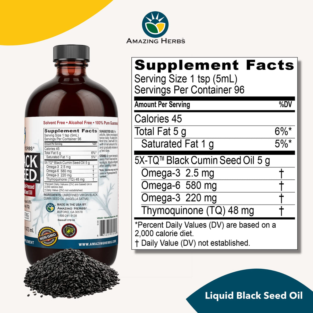 Amazing Herbs Egyptian Black Seed Oil - Gluten Free, Non GMO, Cold Pressed Nigella Sativa Aids in Digestive Health, Immune Support, Brain Function, Mild Flavor - 16 Fl Oz