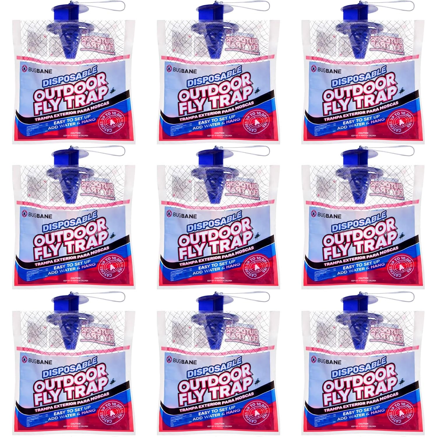Fly Traps Outdoor Fly Trap for Patio. 9 Non-Toxic Pre-Baited Flies Bags Outdoor Disposable. Hanging Bug Catchers for All Filth Flies Killer for Outside Bug Control in Yard Horse Ranch Trash Can.