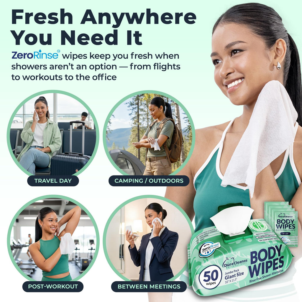Body Wipes for Women, Extra Moist No Rinse Bathing Wipes (2pk), 100 XL Shower Cloths + 8 Deodorizing Bath Cloths - 10 x 11.5" Travel Size After Gym Cleaning Essentials, Toiletries for Womens Hygiene