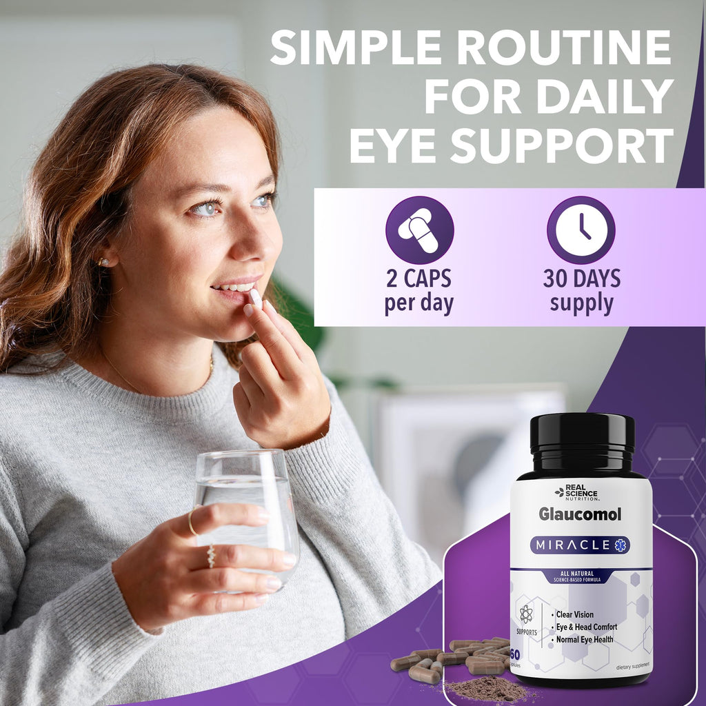 Real Science Glaucomol Miracle - Natural Eye Vitamins & Eye Supplements for Optic Nerve & Ocular Circulation Support – with Vitamins C, D & B12 for Vision Clarity & Eye Comfort – Made in USA, 60 Caps