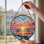 Hanging Stained Glass for Windows,20cm/7.87inch Sea Sunrise Stained Glass Suncatcher with Chain Garden Diamond Glass Panel Hangings Decoration for Home Decor Gifts for Family Friends Colleagues
