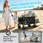 57" L Large Collapsible Foldable Wagon with Tailgate & Brake, 500LBS Heavy Duty Beach Wagons with All-Terrain Big Wheels, 300L Folding Utility Cart for Sand Garden Shopping Groceries Sports (Black)