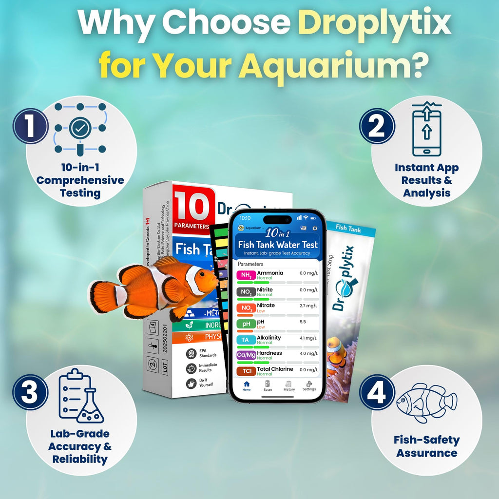 DROPLYTIX Digital Aquarium Water Test Kit, App-Enabled 10-in-1 Freshwater & Saltwater Aquarium Test Strips for Fish Tanks, Shrimp, Reef Test Strips, pH, Ammonia, Nitrate, Nitrite, GH, KH, Chlorine