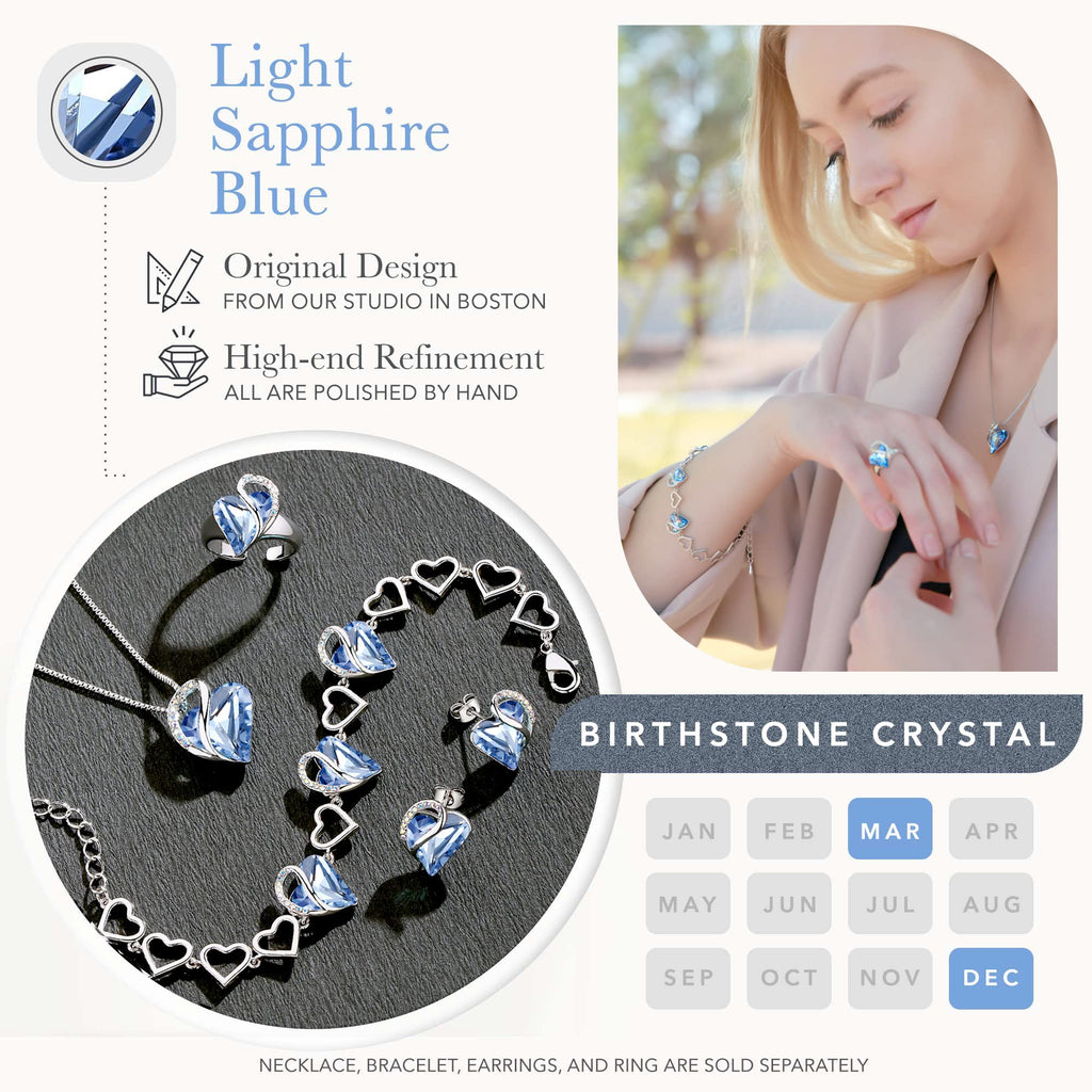 Leafael Infinity Love Heart Gift Bracelet for Women, March & December Birthstone Crystal, Light Sapphire Blue, Silver Tone Birthday Jewelry for Her, Mom, and Wife, 7-inch Chain and 2-inch Extender