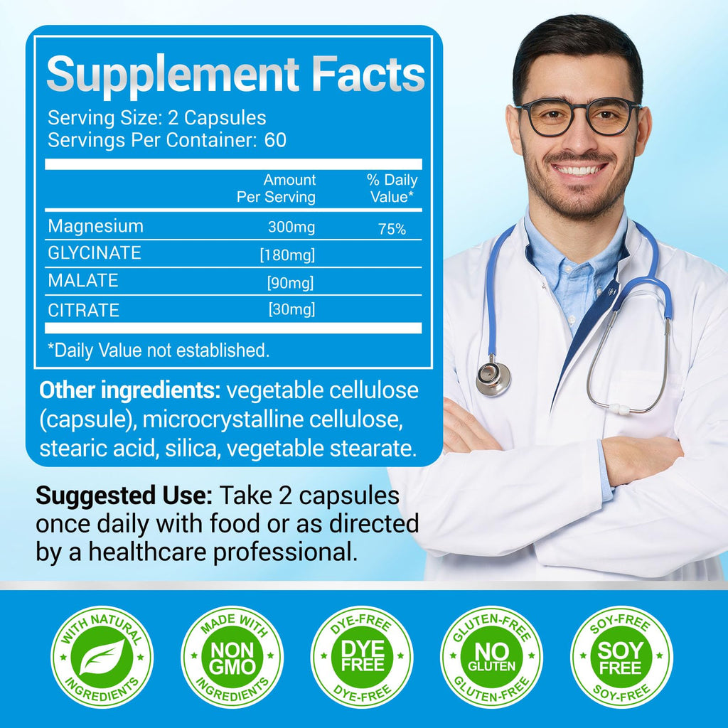 ASSR Triple Magnesium Complex – 300mg Magnesium Supplement with Glycinate, Malate & Citrate – Supports Relaxation, Muscle & Nerve Function – High Absorption, Vegan, Non-GMO, 120 Capsules
