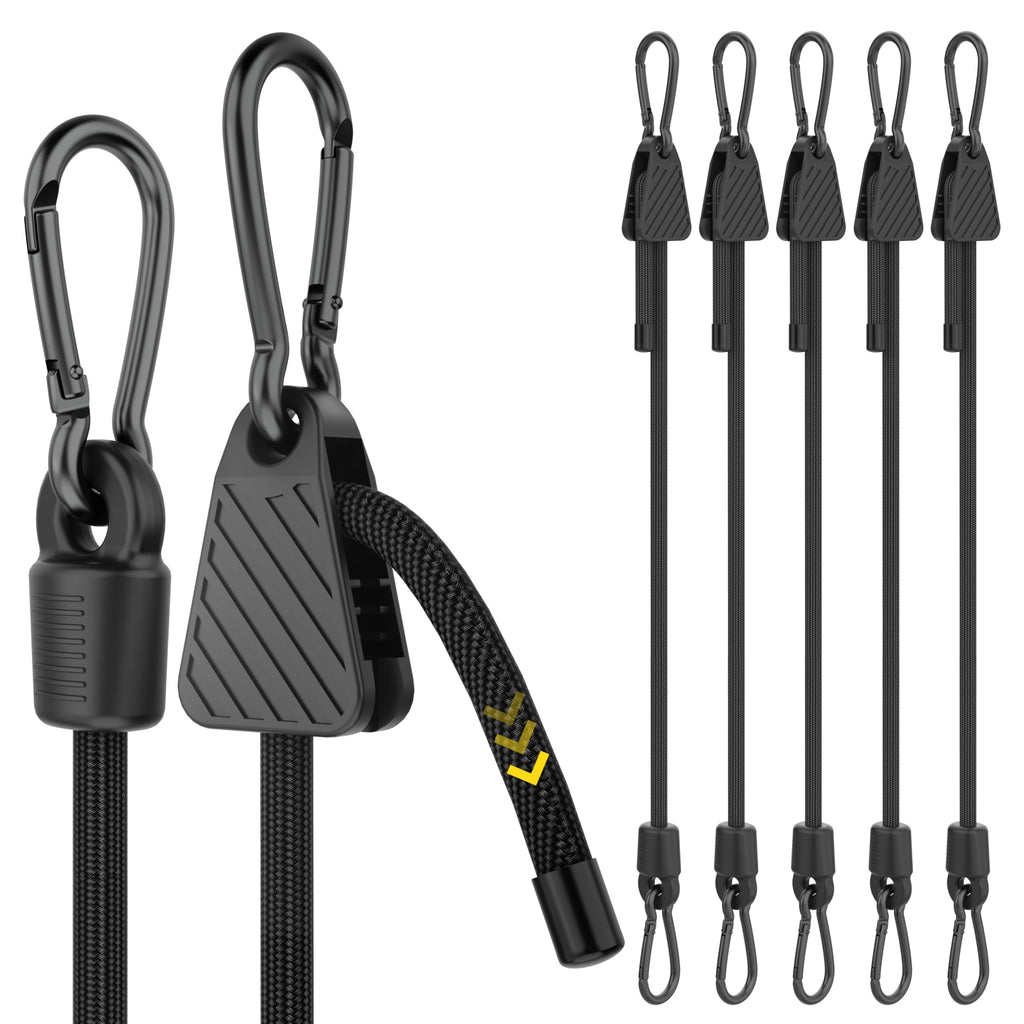 Rugtol Adjustable Bungee Cords with Hooks, 6 Pack Heavy Duty Outdoor Carabiner Bungee Cord, Black Super Elastic Bungee Straps Easily Adjust from 7" to 48", Great for Cargo, Camping, Bike Racks, Tents
