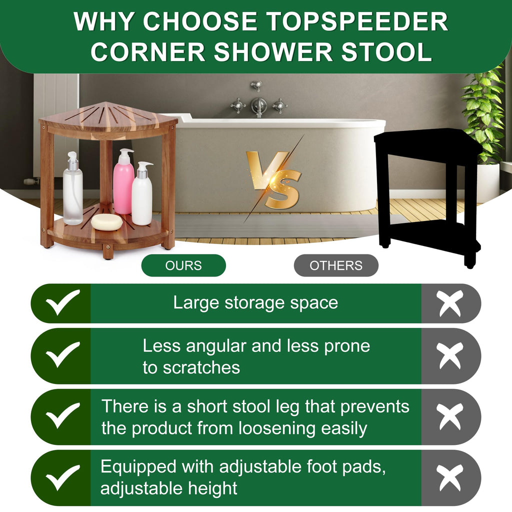 Bathroom Corner Shower Stool with Storage Shelf, Shower Feet Stool, Non-Slip Adjustable Feet Drain Holes, for Shaving Legs, SpacemSaving Shower Bench with Storage for Small Spaces