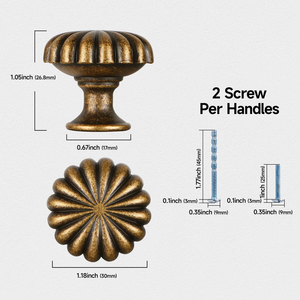 FAPUAL 15 Pack Antique Brass Cabinet Knobs for Kitchen Cabinets and Dresser Drawers，Zinc Alloy Hardware Handles Pulls，Vintage Cupboard Drawer Knob