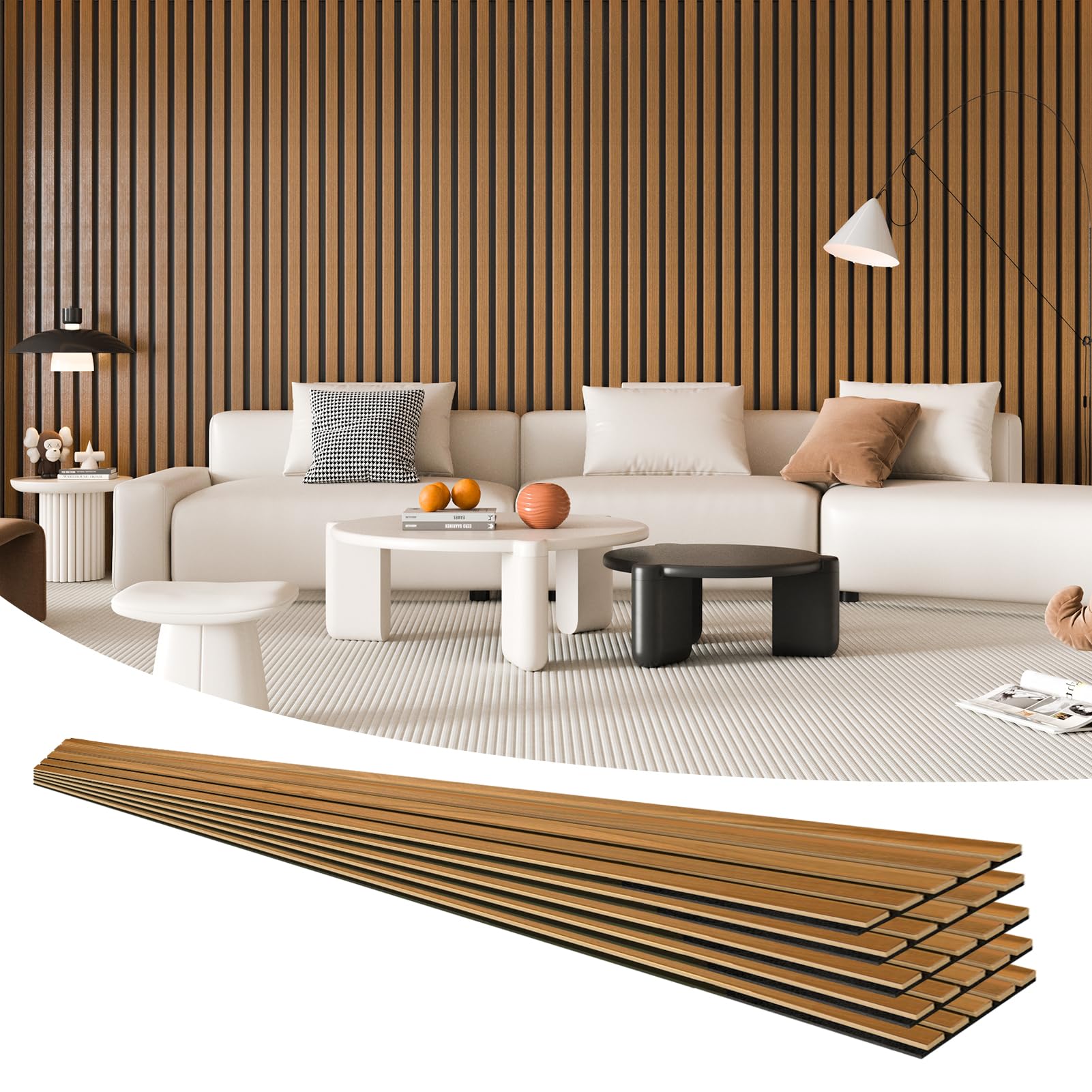 Art3d 4 Pieces 94.5" x 7.9" Acoustic Slat Wood Wall and Ceiling Panels,Fluted Modern Sound Absorbing Panels, Teak