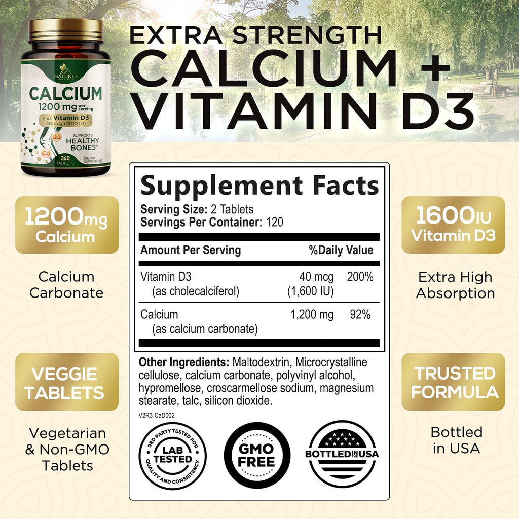 Calcium 1200 mg with Vitamin D3 - Bone Health Supplement, Vitamin D & Calcium Supplements for Women & Men - Bone Strength, Teeth & Immune Support, Nature's Calcium Pills, Bottled in USA - 240 Tablets
