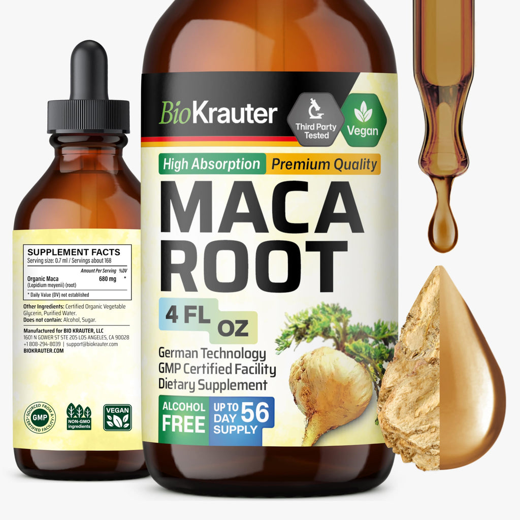 BIO KRAUTER® Maca Root for Women and Men - Vegan Maca Root Liquid Drops 680 mg for Drive & Active Lifestyle Support - 4 Fl.Oz., 56-Day Supply, Non-GMO, Alcohol & Sugar Free Herbal Supplements