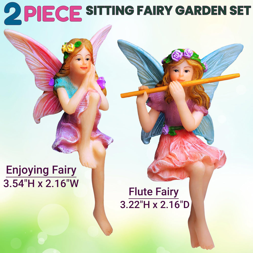 Mood Lab Fairy Garden Figurines - Sitting Fairies Set (2 pcs) - Miniature Decorative Statues - Outdoor Indoor Garden Decor