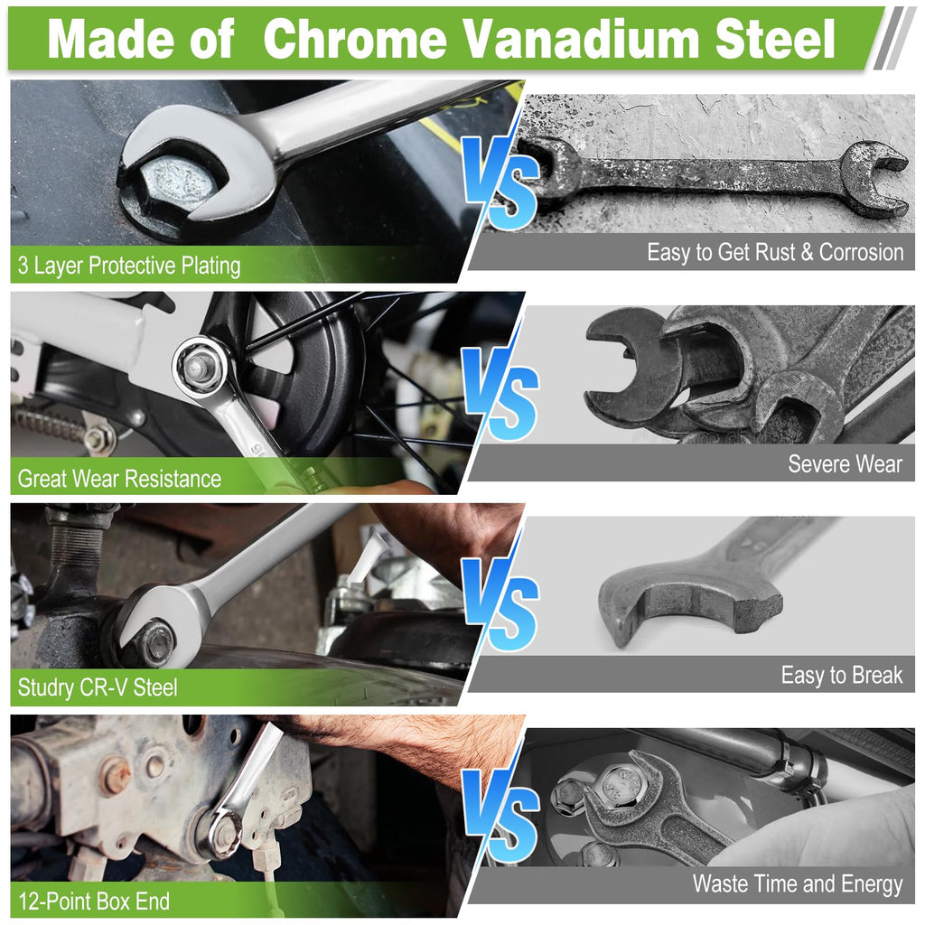 Metric Combination Wrench Set, 15-Piece 8, 9, 10, 11, 12, 13, 14, 15, 16, 17, 18, 19, 20, 21, 22mm, Chrome Vanadium Steel with 12-Point Box End, 15-Degree Offset, Mirror Polished, with Rolling Pouch