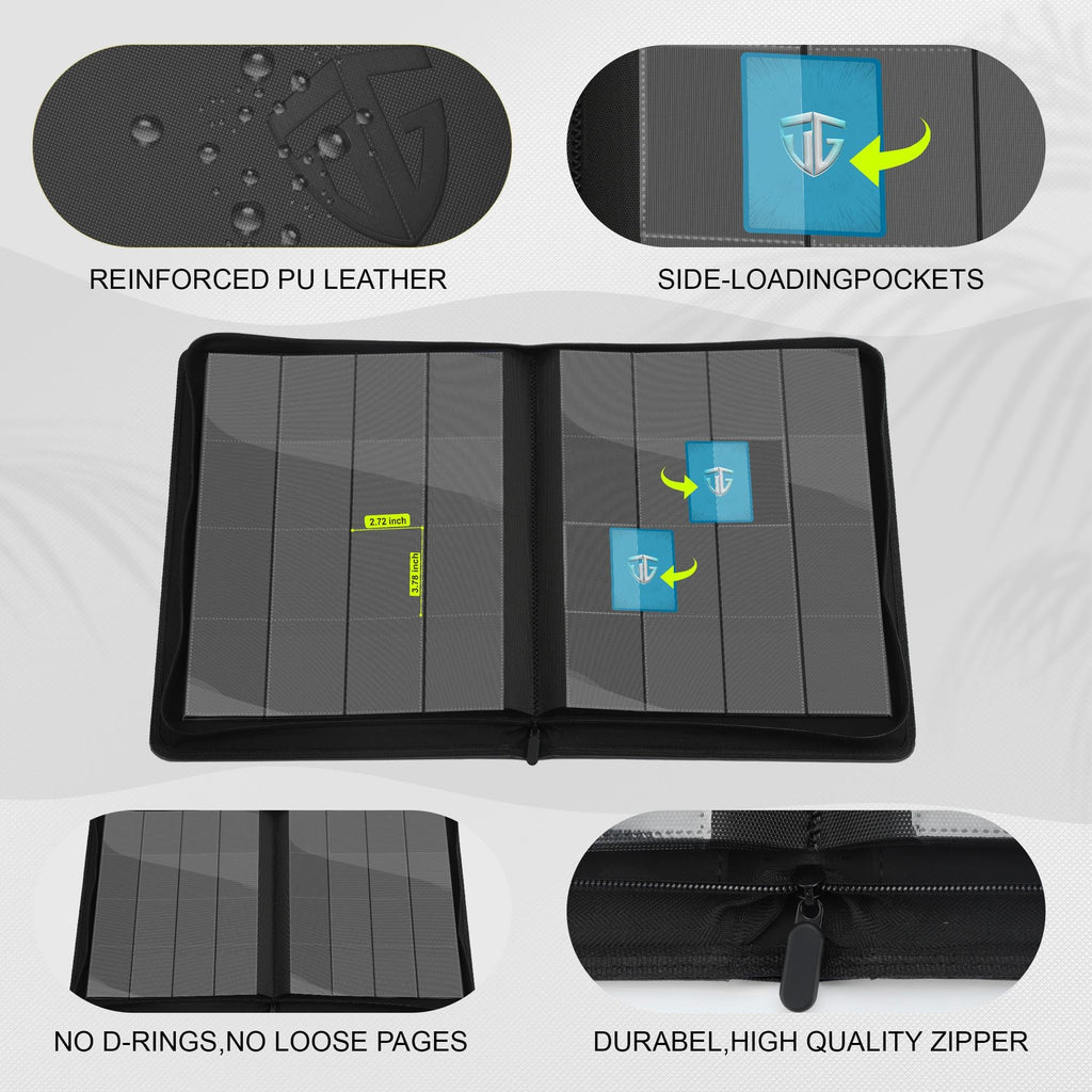 TCGUARD 16 Pockets Trading Card Zipper Binder for 1000+ Cards| Secure Side Loading Pockets | Trading Card Album Folder | Compatible with YuGiOh, MTG,Sports Cards (Black 16)