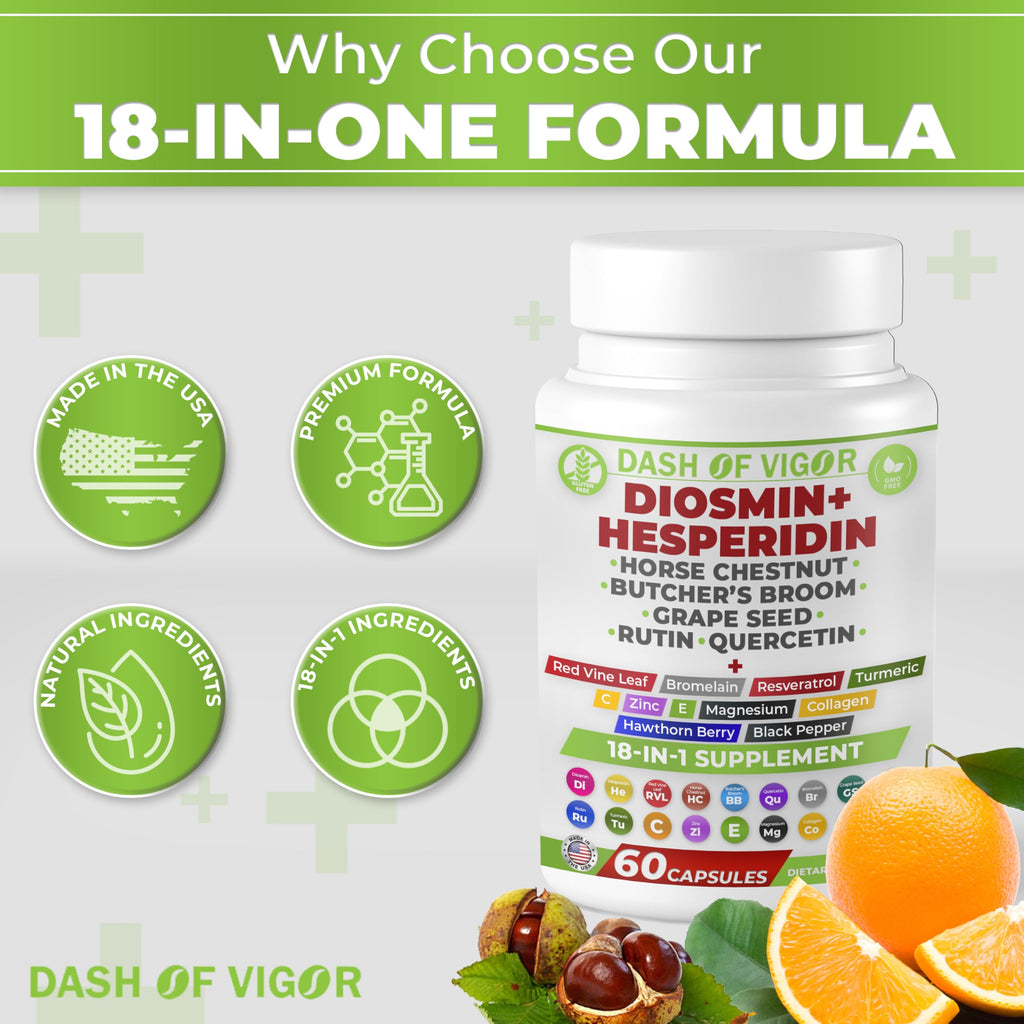 Dash of Vigor 18-in-1 Diosmin Hesperidin Supplement, Quercetin with Bromelain, Zinc, Vitamin C with Rutin Supplement, Horse Chestnut Extract, Butcher's Broom Extract, USA, 60 Capsules