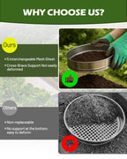 HIPULX 5-in-1 Soil Sifter Set with 5 Replaceable Stainless Steel Mesh Screen & Shovel (1/8" to 1/2"), Soil Sifter for Soils, Compost, Bonsai, Cat Litter and More（11-5/8" Diameter）