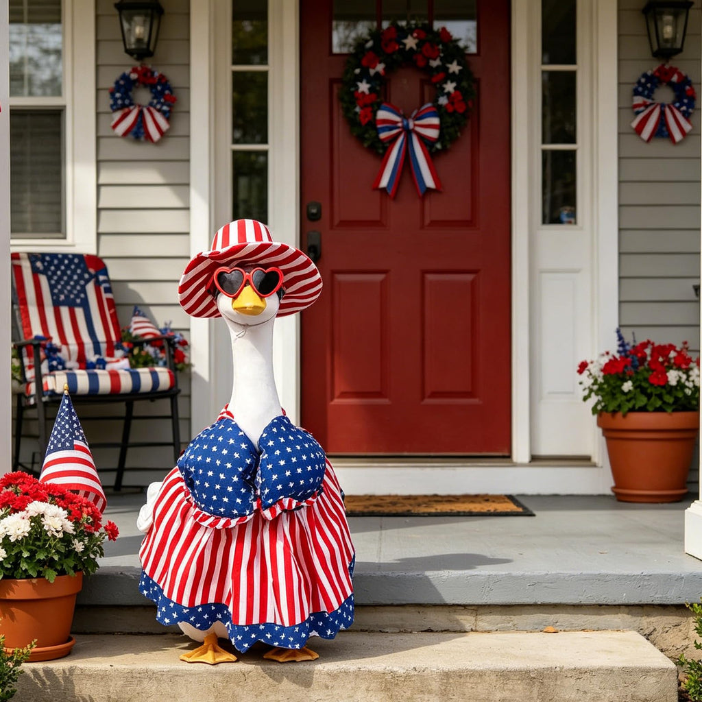 Aposwow 4th of July Porch Goose Outfit, USA Patriotic Goose Costume with Swimsuit Hat Sunglasses Lawn Art, 250th Anniversary Outfits for 23" Garden Geese Statue Garden Decoration