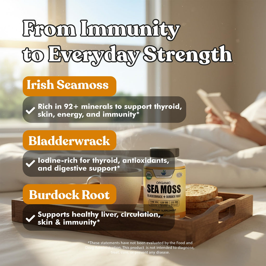 American Standard Supplements Organic Sea Moss, Bladderwrack & Burdock Root Capsules - 1200mg Seamoss, 1200mg Bladderwrack, 225mg Burdock Root Per Serving - 120 Capsules, 40 Servings