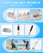 Sand Flea Rake 16" Wide - Detachable 54" Handle with Shark Tooth Screen - Stainless Steel Beach Rake for Fishing Bait, Shelling, Yard Cleaning - Saltwater Rust Proof & Portable