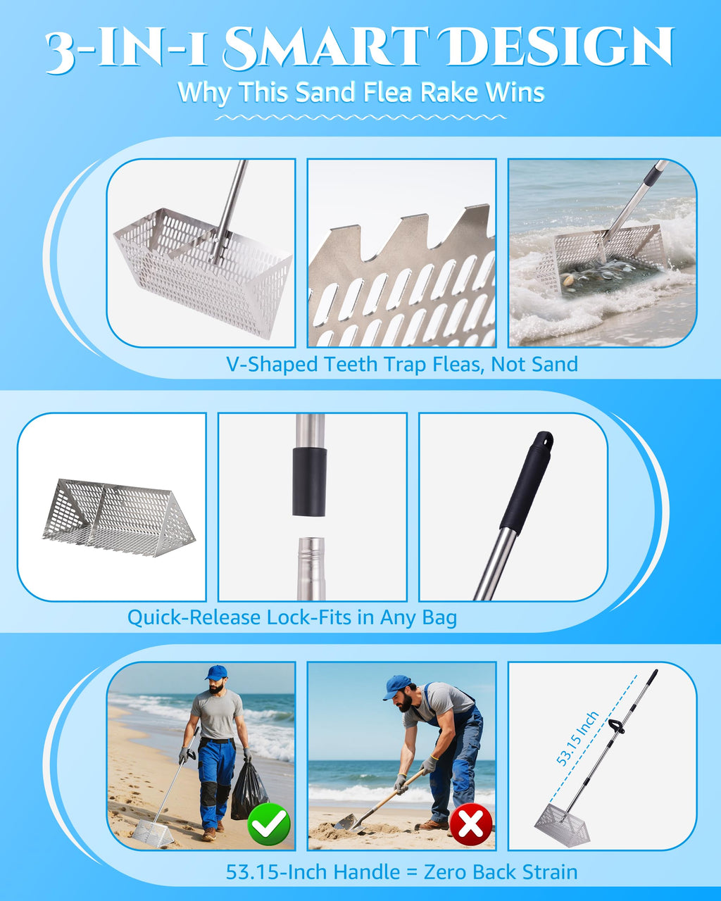 Sand Flea Rake 16" Wide - Detachable 54" Handle with Shark Tooth Screen