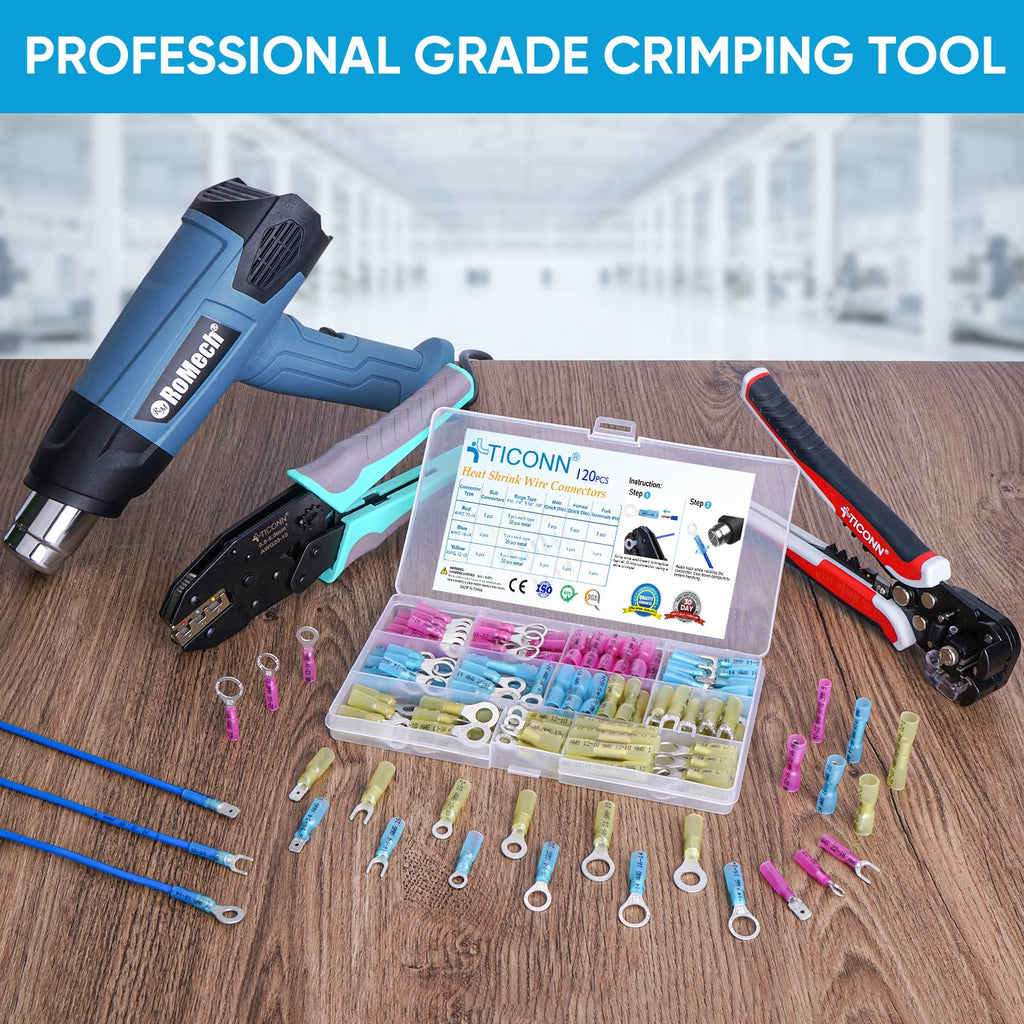 TICONN 120 Pcs Heat Shrink Wire Connectors, Marine Crimp Ring Terminal Kit