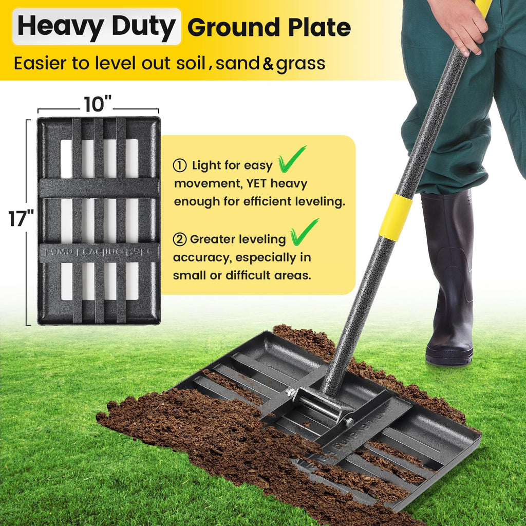 Lawn Leveling Rake, Heavy Duty 17"x10" Curved Ground Plate, 72" Long Handle Lawn Leveler Tool Landscape Rake for Compost Soil Dirt Sand Grass Peat Moss