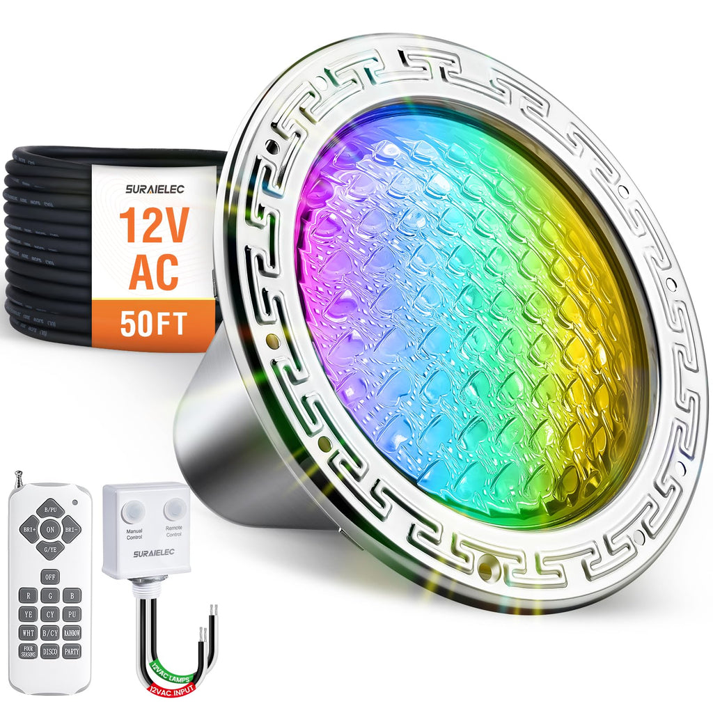 SURAIELEC 10" LED Pool Lights for Inground Pool, 12V AC Waterproof Color-Changing Pool Light with Remote, 300W Equivalent, RGB Colors & Dynamic Effects, Fits Pentair, Hayward, Jandy Niches, 50 Feet