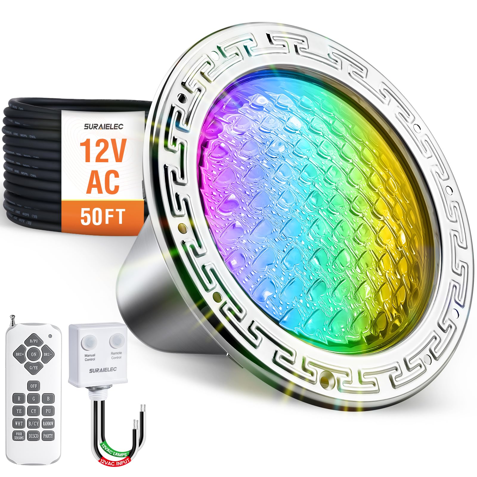 SURAIELEC 10" LED Pool Lights for Inground Pool, 12V AC Waterproof Color-Changing Pool Light with Remote, 300W Equivalent, RGB Colors & Dynamic Effects, Fits Pentair, Hayward, Jandy Niches, 50 Feet