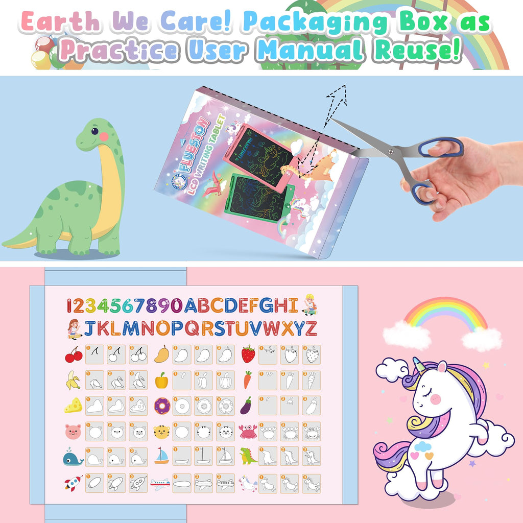 FLUESTON LCD Writing Tablet for Kids, 8.8 Inch Drawing Tablet for Boys Girls 3 4 5 6 7 8 Year, 3pcs in 1 Pack Drawing Pad Birthday Christmas Gift for Kid Educational Doodle Board Cute Unicorn Toy