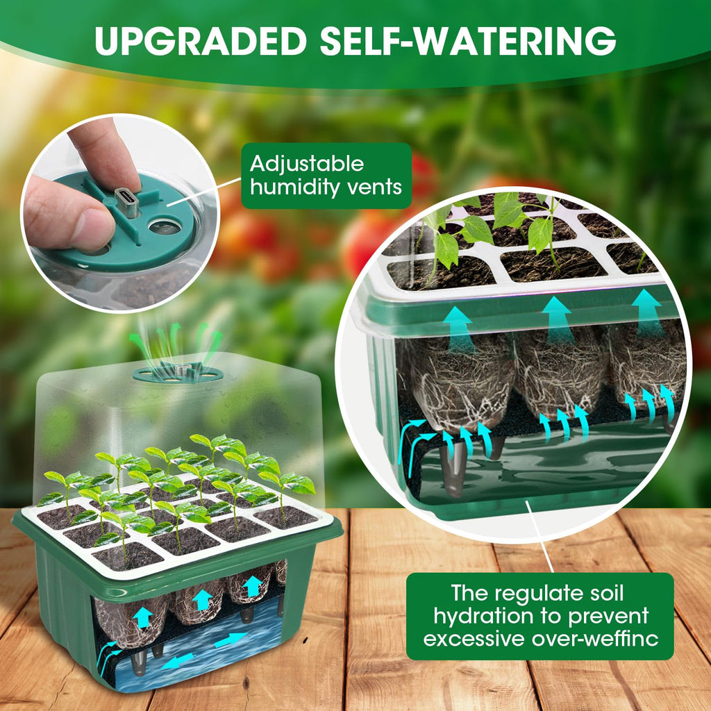 5PCS 60 Cell Self Watering Seed Starter Tray with Grow Light, Reusable Silicone Seed Starter Kit with Humidity Dome, 60 Cells Plant Germination Trays for Seeding Planting Growing（5-Pack 60-Cell）