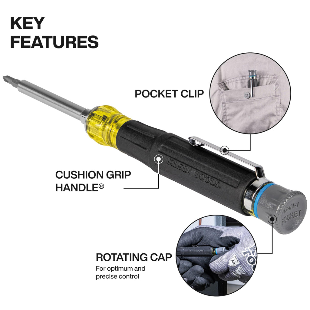 Klein Tools 32611P Mini Precision Screwdriver, 13-in-1 Magnetic Multi-Bit Pocket Driver with Nut Drivers, Phillips, Slotted, and Hex Tips