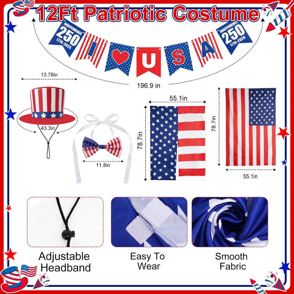 FODAHRWS 5Pcs 4th of July 12 Ft Patriotic Skeleton Clothes Set with Independence Day Hat Cape Shorts Bow Tie Banner Giant Skeleton Outfit for 250th Anniversary Celebration Yard Lawn Garden Decor