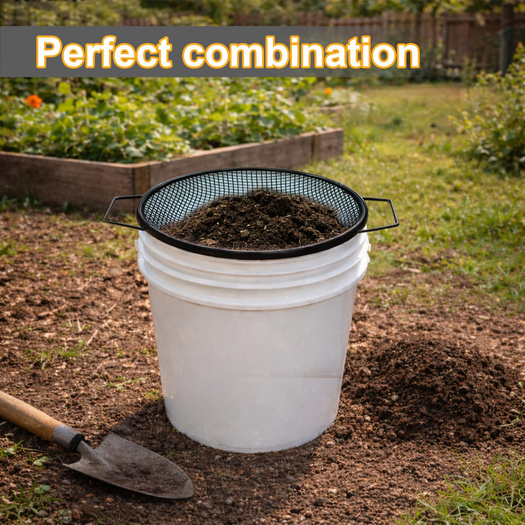 2PCS Soil Sifter for Gardening, Rock Sifter for 5 Gallon Bucket,Compost Sifter Dirt Sifter,Captures Dirt Rocks Sawdust Black Handle Upgrade Version